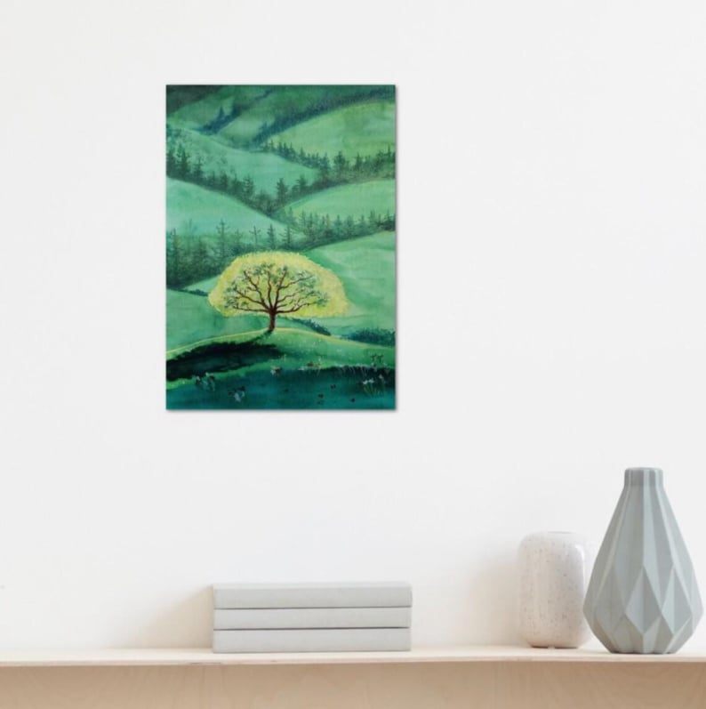 Aquarelle originale, Arbre de vie en montagne