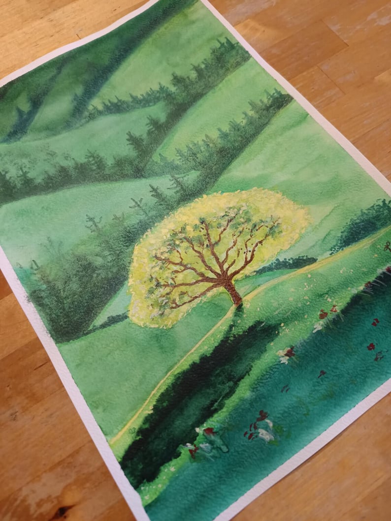 Aquarelle originale, Arbre de vie en montagne