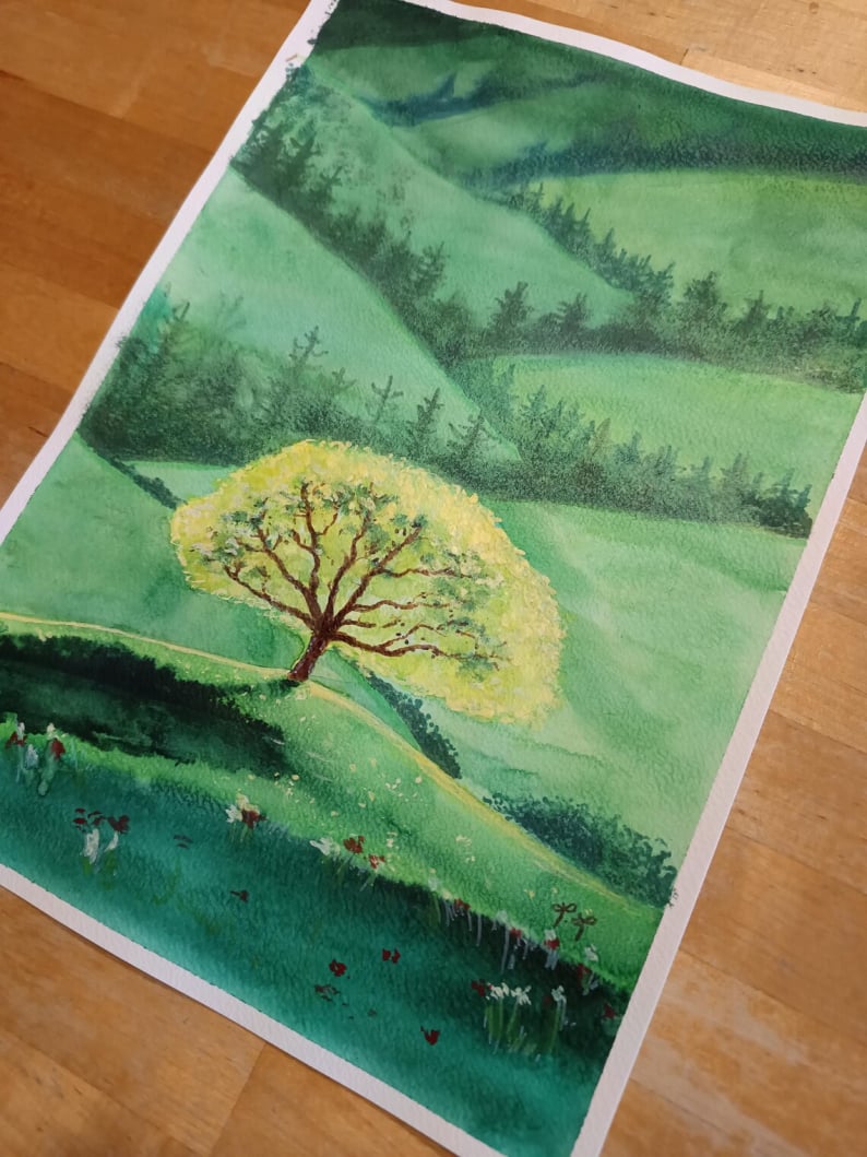 Aquarelle originale, Arbre de vie en montagne