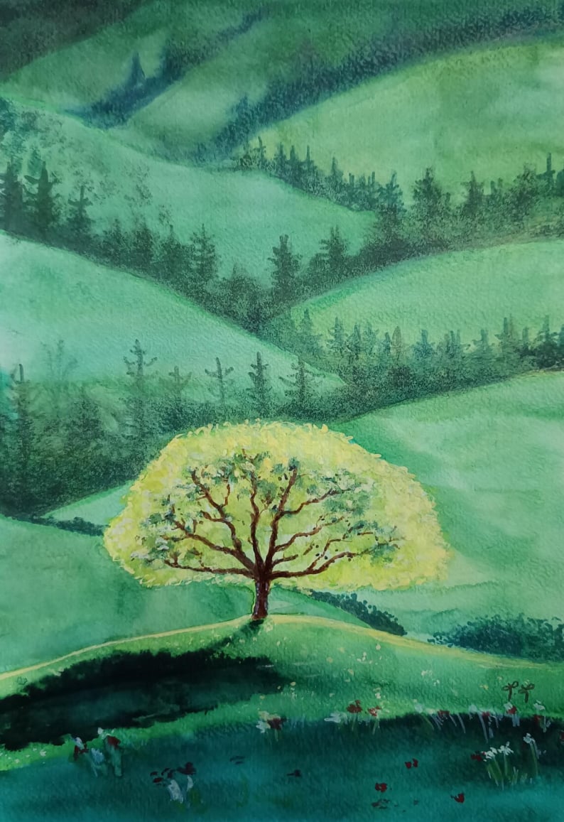 Aquarelle originale, Arbre de vie en montagne
