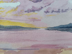 Aquarelle originale, Lac scandinave au coucher du soleil, Paysage nordique peint à la main, Art mural nature