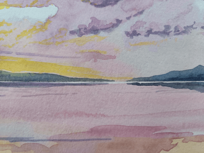 Aquarelle originale, Lac scandinave au coucher du soleil, Paysage nordique peint à la main, Art mural nature