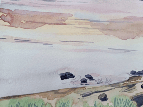 Aquarelle originale, Lac scandinave au coucher du soleil, Paysage nordique peint à la main, Art mural nature