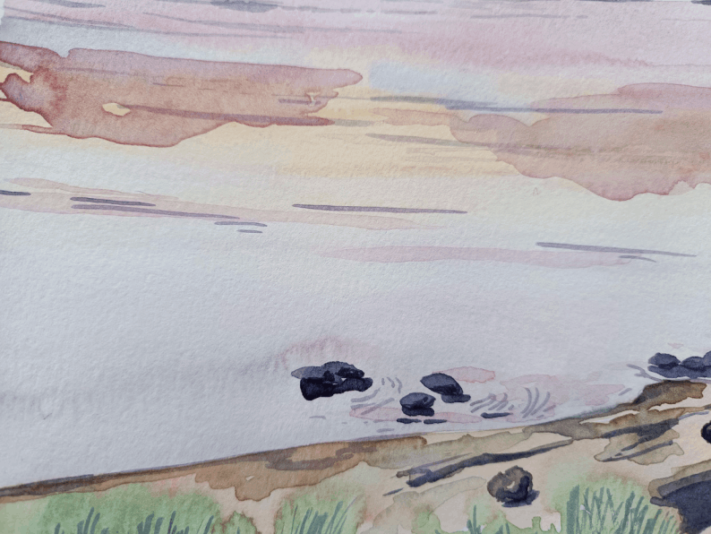 Aquarelle originale, Lac scandinave au coucher du soleil, Paysage nordique peint à la main, Art mural nature