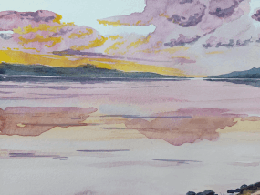 Aquarelle originale, Lac scandinave au coucher du soleil, Paysage nordique peint à la main, Art mural nature