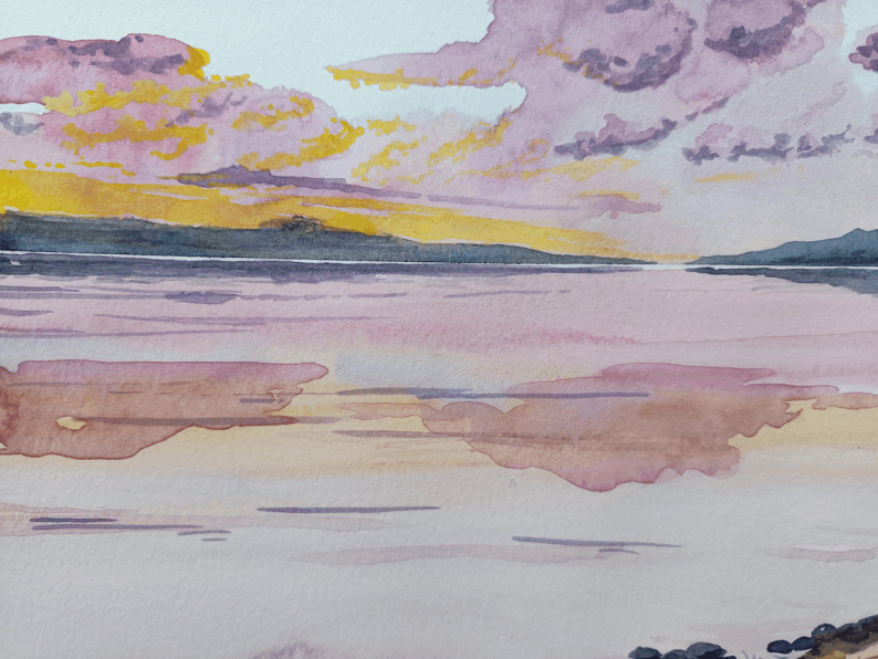 Aquarelle originale, Lac scandinave au coucher du soleil, Paysage nordique peint à la main, Art mural nature