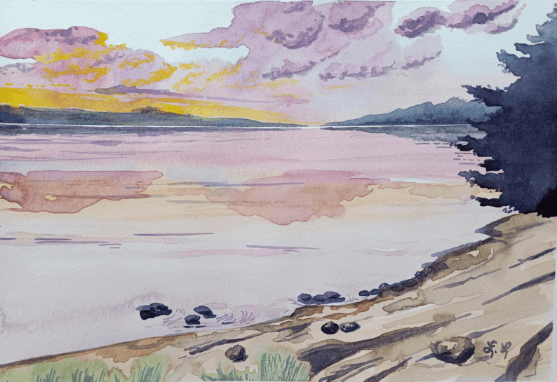 Aquarelle originale, Lac scandinave au coucher du soleil, Paysage nordique peint à la main, Art mural nature
