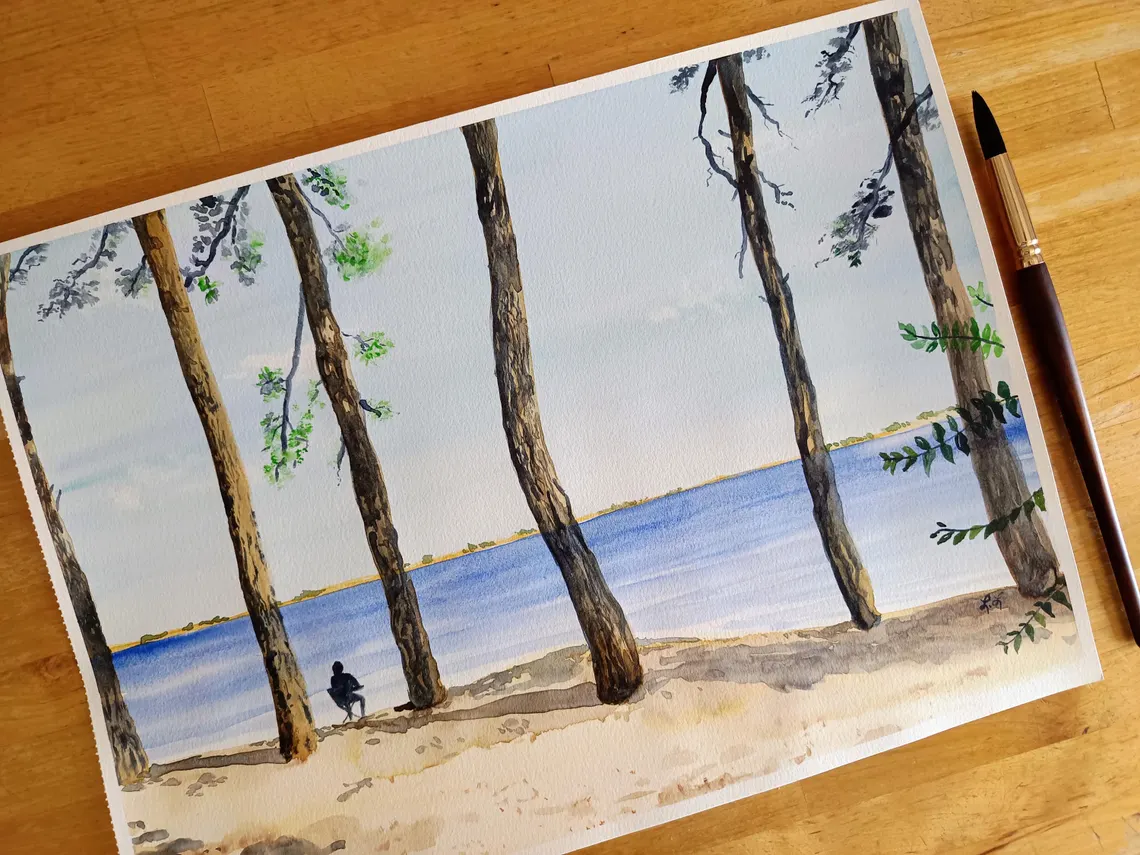 Aquarelle originale, paysage de France, au bord de la mer, peinture originale A3
