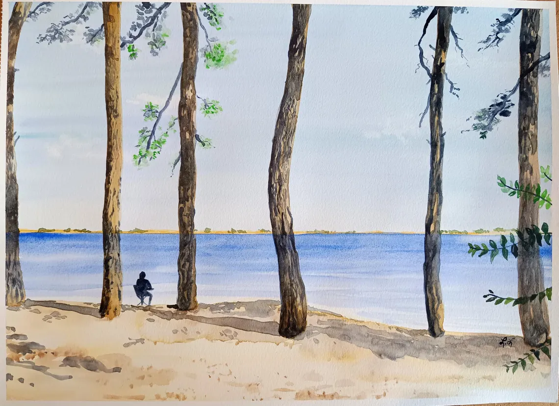 Aquarelle originale, paysage de France, au bord de la mer, peinture originale A3