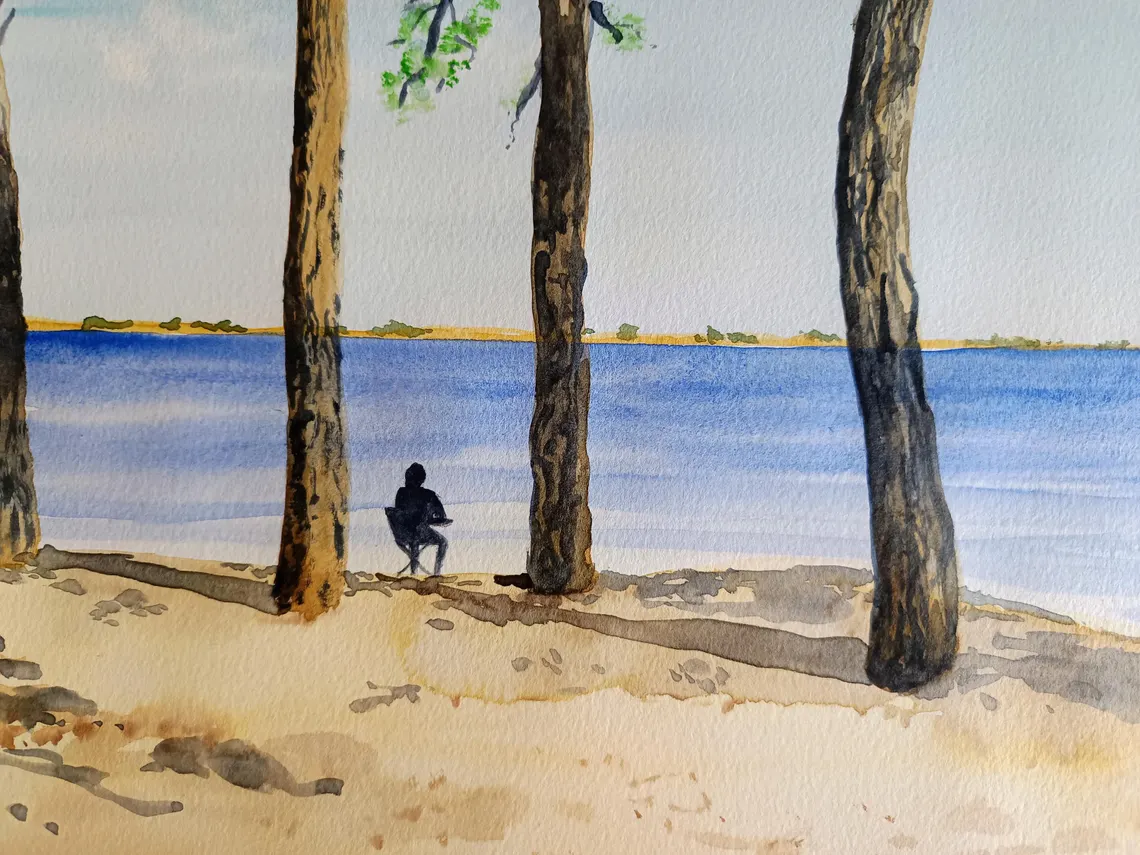 Aquarelle originale, paysage de France, au bord de la mer, peinture originale A3