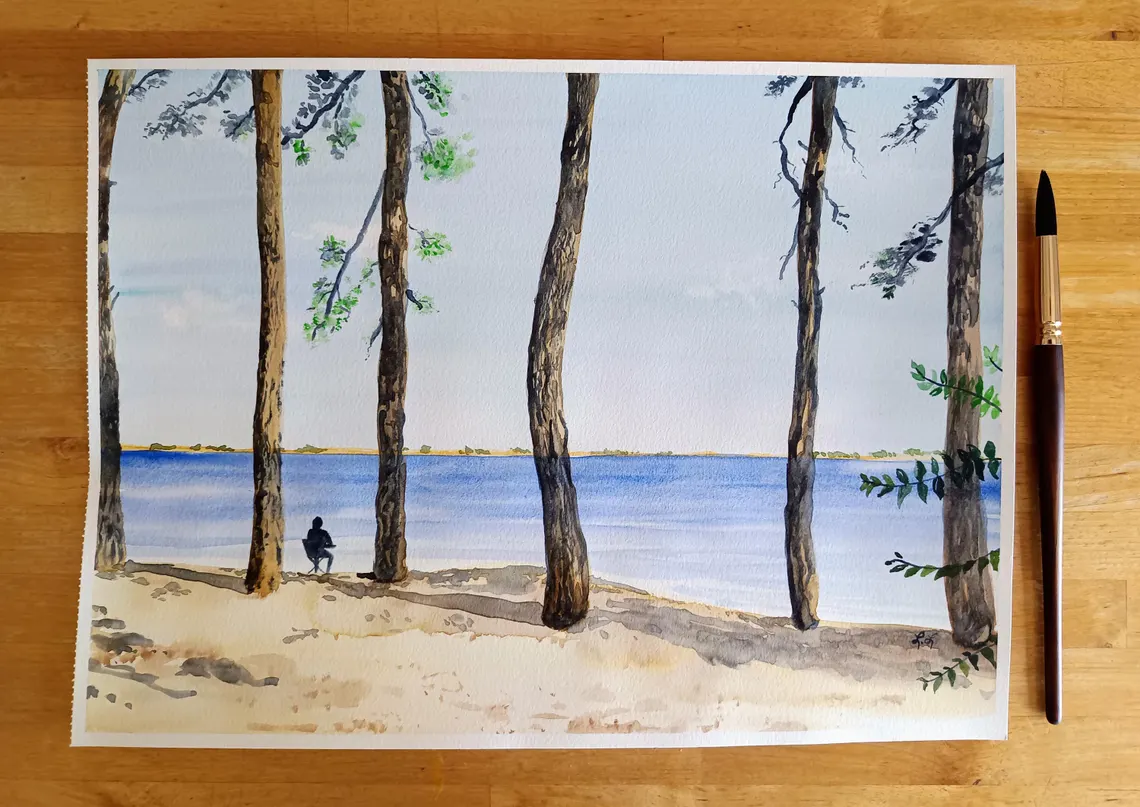 Aquarelle originale, paysage de France, au bord de la mer, peinture originale A3
