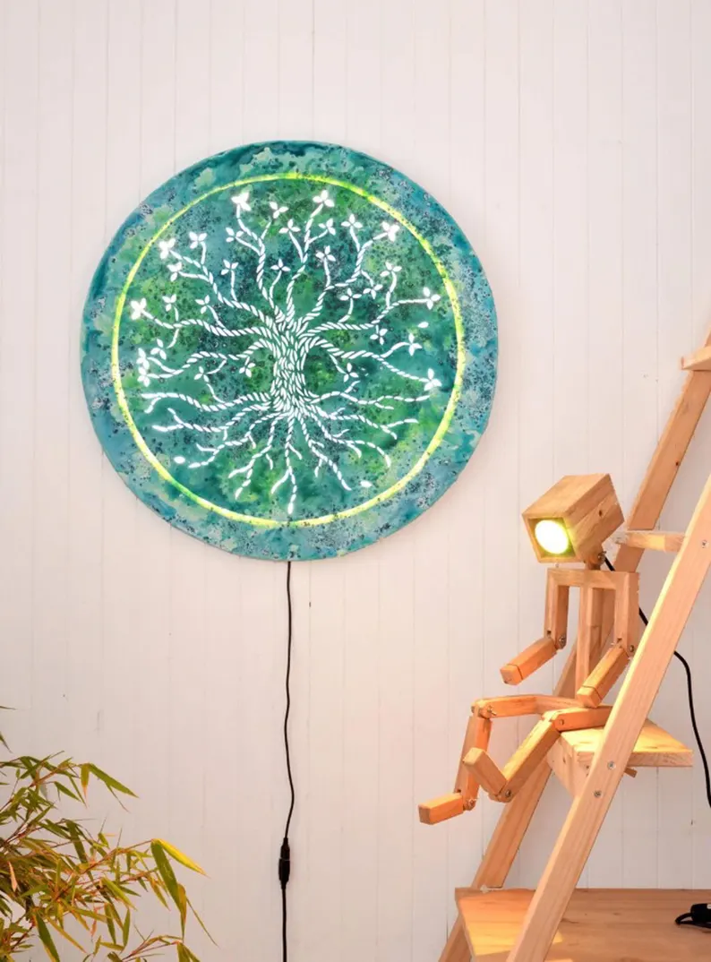 TArbre de vie lumineux, tableau à LED rond 60 cm, Décoration murale