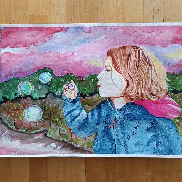 Portrait d'enfant qui fait des bulles, peinture aquarelle, décoration murale