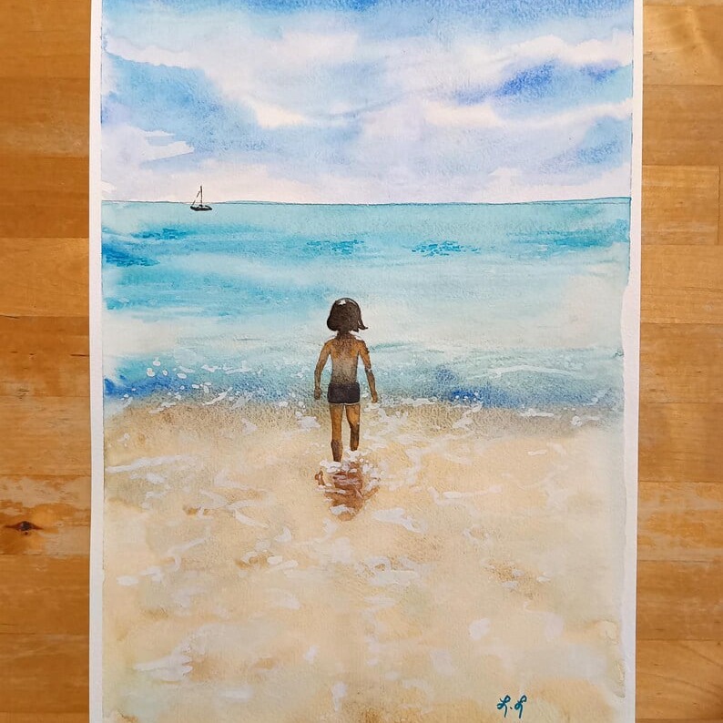 Peinture à l'aquarelle, Enfant à la plage 2, décoration murale