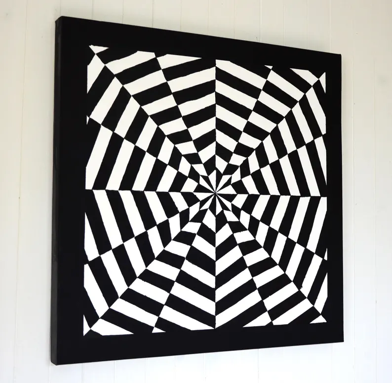 Tableau à la peinture acrylique, Noir et Blanc, 'Hypnotique', décoration murale