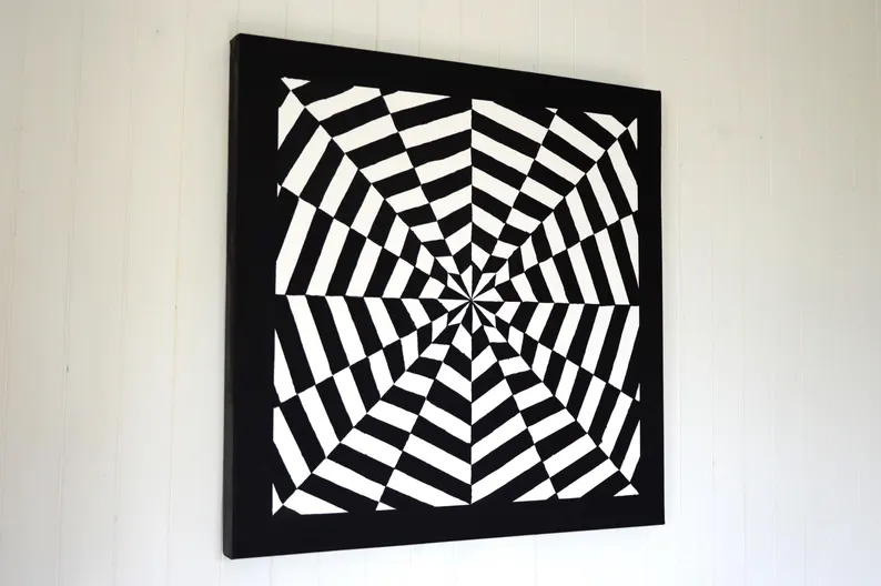 Tableau à la peinture acrylique, Noir et Blanc, 'Hypnotique', décoration murale