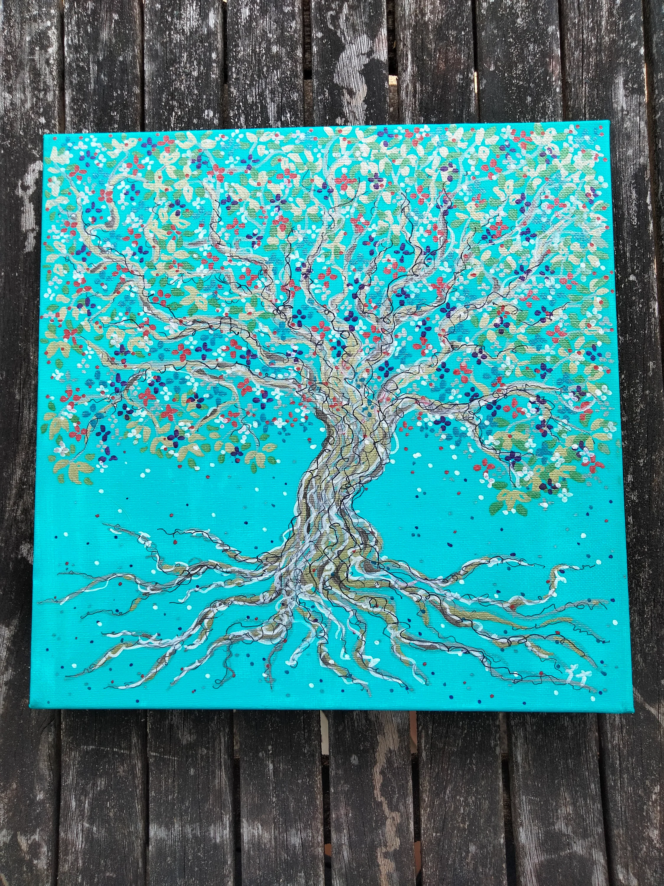 Arbre de vie fleuri multicolore et brillant, décoration murale