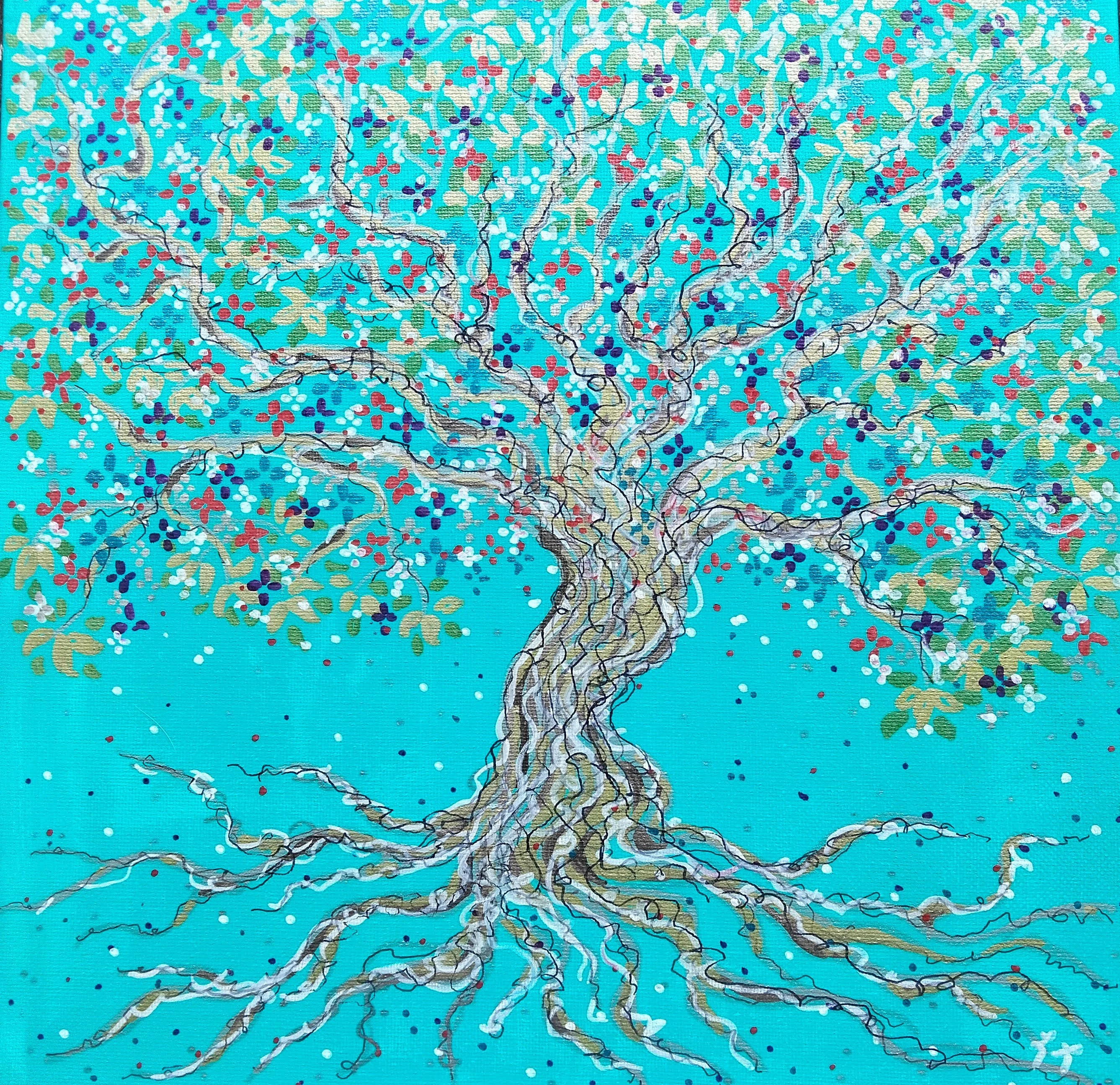 Arbre de vie fleuri multicolore et brillant, décoration murale