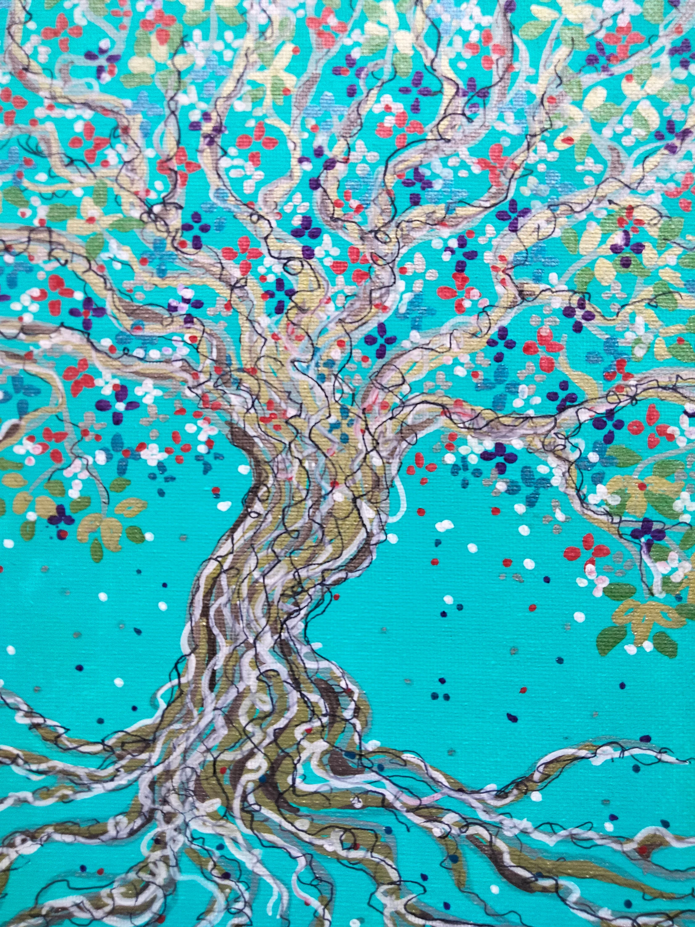 Arbre de vie fleuri multicolore et brillant, décoration murale